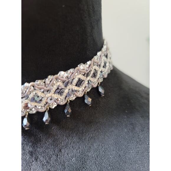 Women's Silver Sequin Beaded Choker Necklace With Black Drops And Lobster Clasp - Picture 4 of 6
